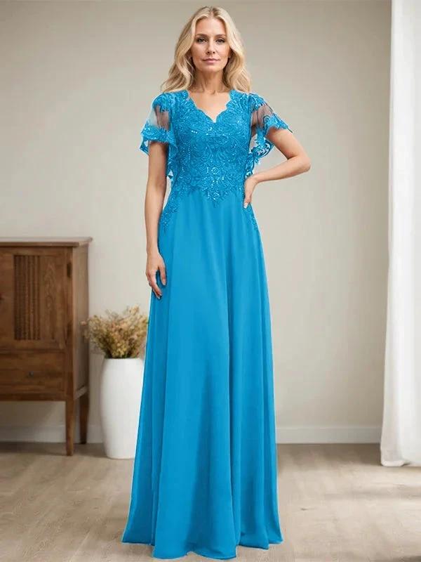 A-line V-Neck Floor-Length Lace Chiffon Mother of the Bride Dress With Sequins by Dreamylily