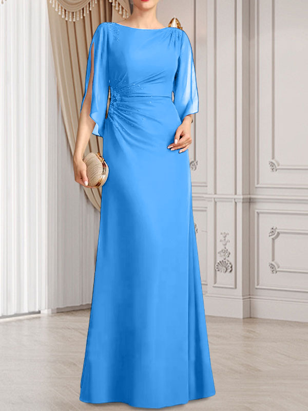 Etui-Linie/Säule U-Ausschnitt Bodenlang Chiffon Kleid für die Brautmutter mit Plissee Perlenbesatz