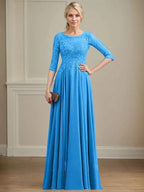 A-line Scoop Illusion Floor-Length Lace Chiffon Mother of the Bride Dress With Sequins by Dreamylily