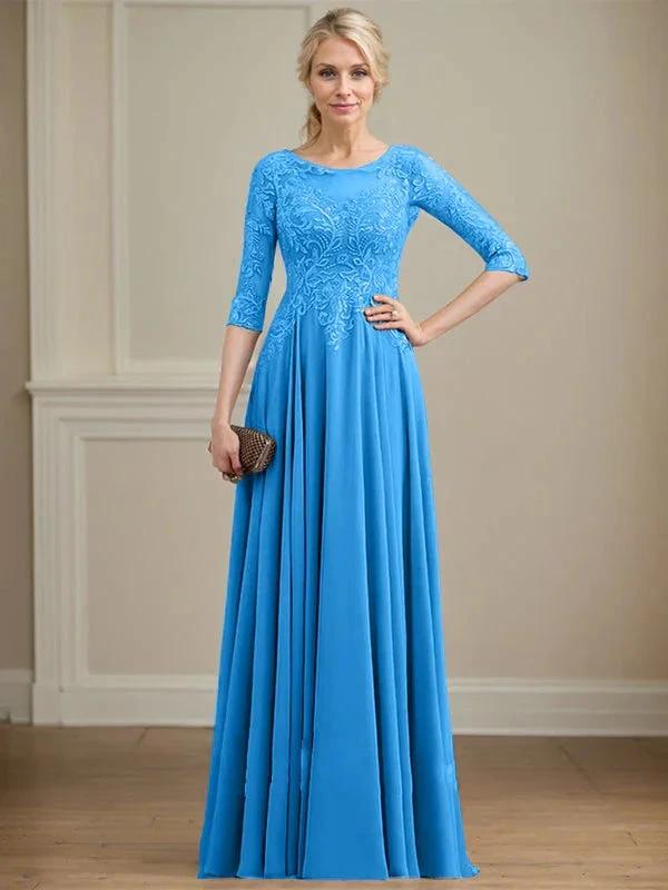 A-line Scoop Illusion Floor-Length Lace Chiffon Mother of the Bride Dress With Sequins by Dreamylily