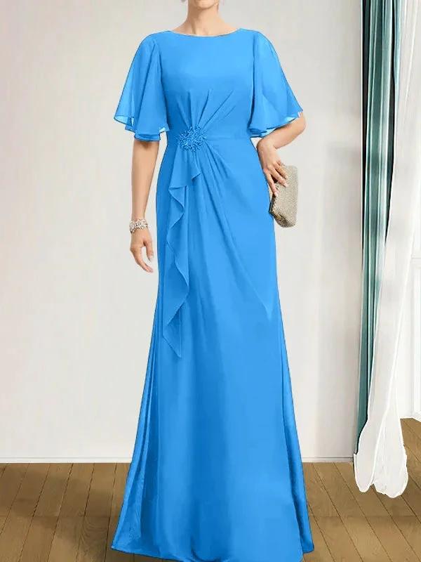 A-line Scoop Floor-Length Chiffon Mother of the Bride Dress With Cascading Ruffles Beading Sequins by Dreamylily