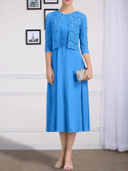 A-line Scoop Tea-Length Chiffon Mother of the Bride Dress With Pleated by Dreamylily