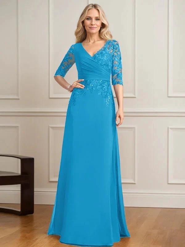 A-line V-Neck Floor-Length Lace Chiffon Mother of the Bride Dress With Pleated Sequins by Dreamylily