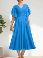 A-line V-Neck Tea-Length Chiffon Mother of the Bride Dress With Pleated Beading by Dreamylily