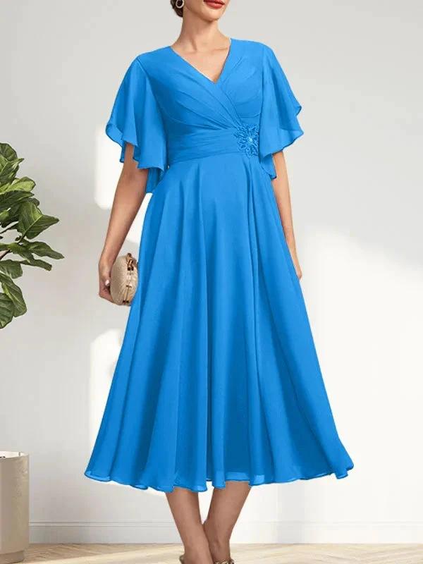 A-line V-Neck Tea-Length Chiffon Mother of the Bride Dress With Pleated Beading by Dreamylily