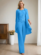 Separates Jumpsuit/Pantsuit Scoop Floor-Length Chiffon Lace Mother of the Bride Dress With Beading Sequins