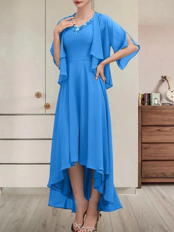 A-line V-Neck Asymmetrical Chiffon Mother of the Bride Dress With Beading Sequins by Dreamylily