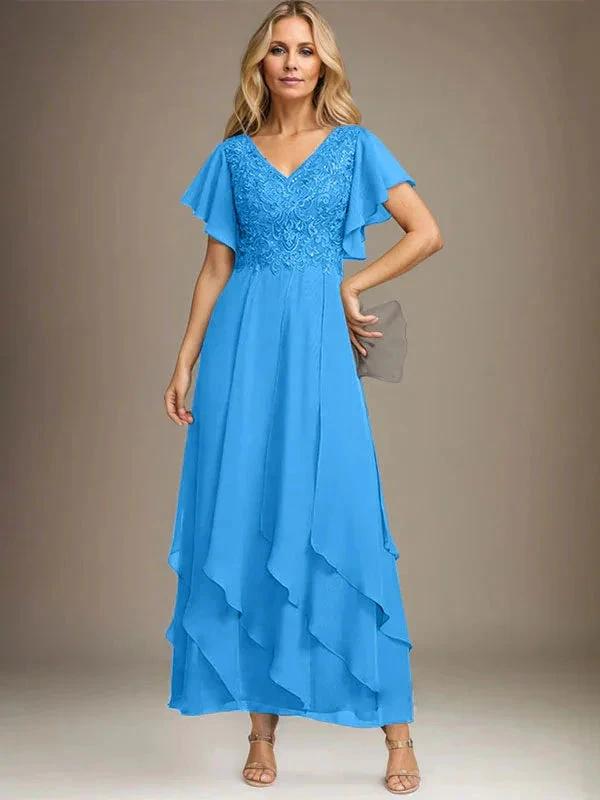 A-line V-Neck Ankle-Length Lace Chiffon Mother of the Bride Dress With Cascading Ruffles by Dreamylily