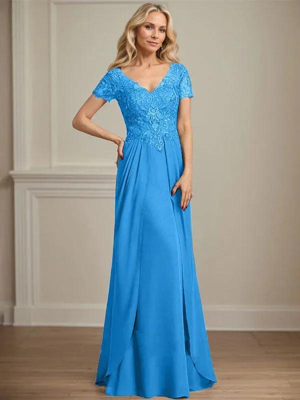 A-line V-Neck Floor-Length Lace Chiffon Mother of the Bride Dress With Cascading Ruffles Sequins by Dreamylily