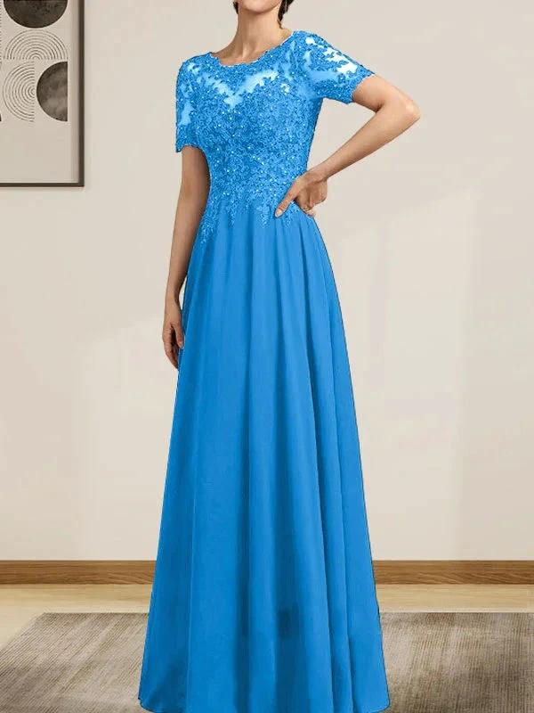 A-line Scoop Illusion Floor-Length Chiffon Lace Mother of the Bride Dress With Sequins Beading by Dreamylily