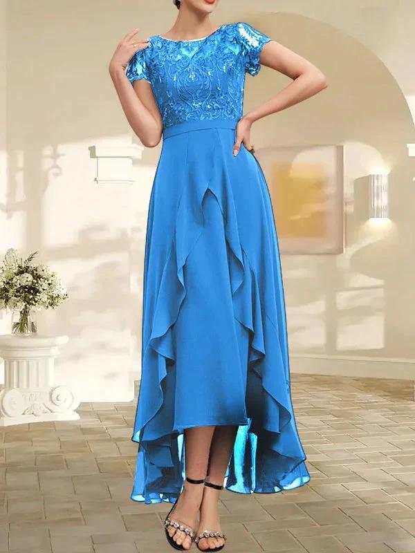 A-line Scoop Illusion Asymmetrical Chiffon Lace Mother of the Bride Dress With Bow Ruffle Sequins by Dreamylily