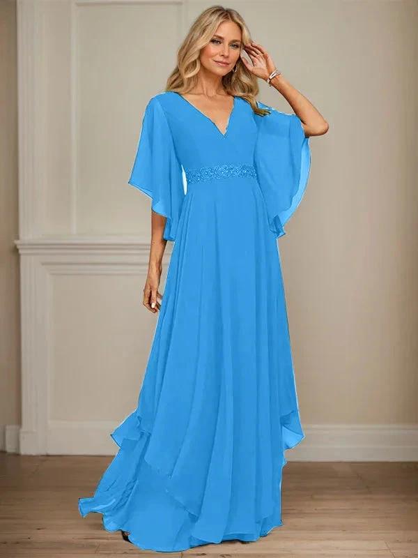 A-line V-Neck Floor-Length Chiffon Mother of the Bride Dress With Sequins Appliques Lace Beading by Dreamylily