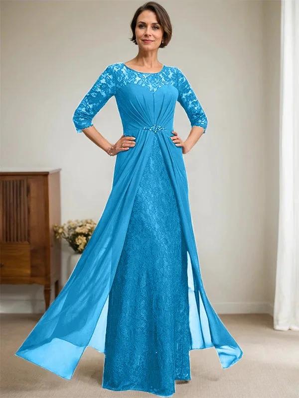 A-Line Scoop Illusion Floor-Length Lace Chiffon Mother Of the Bride Dress With Beading Ruffles by Dreamylily