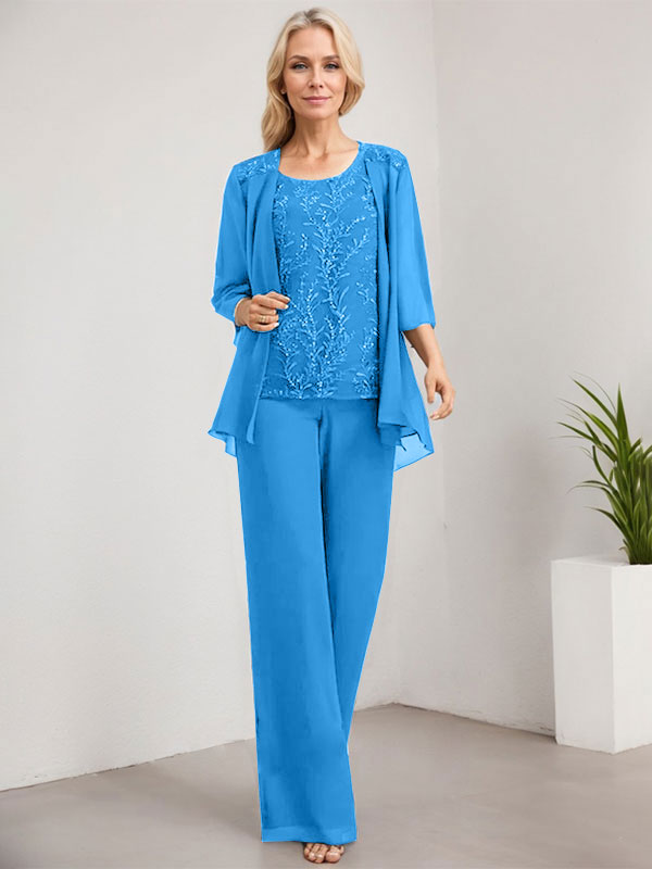 Separates Jumpsuit/Pantsuit Scoop Floor-Length Lace Chiffon Mother of the Bride Dress With Sequins