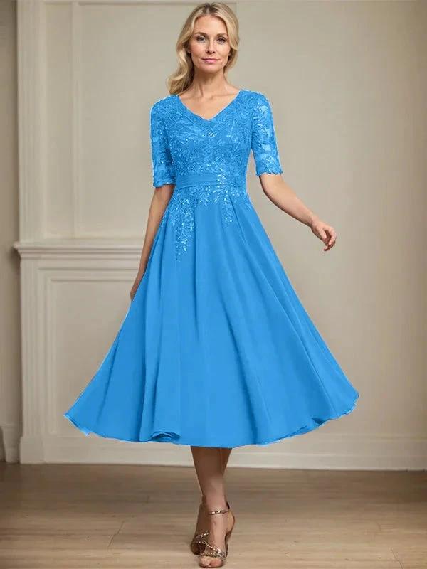 A-line V-Neck Tea-Length Lace Chiffon Mother of the Bride Dress With Sequins by Dreamylily