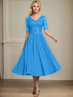 A-line V-Neck Tea-Length Lace Chiffon Mother of the Bride Dress With Sequins by Dreamylily