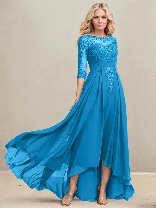 A-line Scoop Illusion Asymmetrical Lace Chiffon Mother of the Bride Dress With Pleated Sequins by Dreamylily