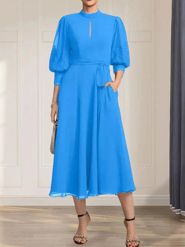 A-line High Neck Tea-Length Lace Chiffon Mother of the Bride Dress With Bow by Dreamylily