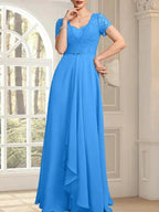 A-line Sweetheart Floor-Length Chiffon Lace Mother of the Bride Dress With Beading Cascading Ruffles by Dreamylily