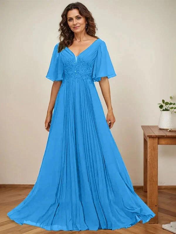 A-line V-Neck Floor-Length Chiffon Mother of the Bride Dress With Sequins Appliques Lace Pleated by Dreamylily