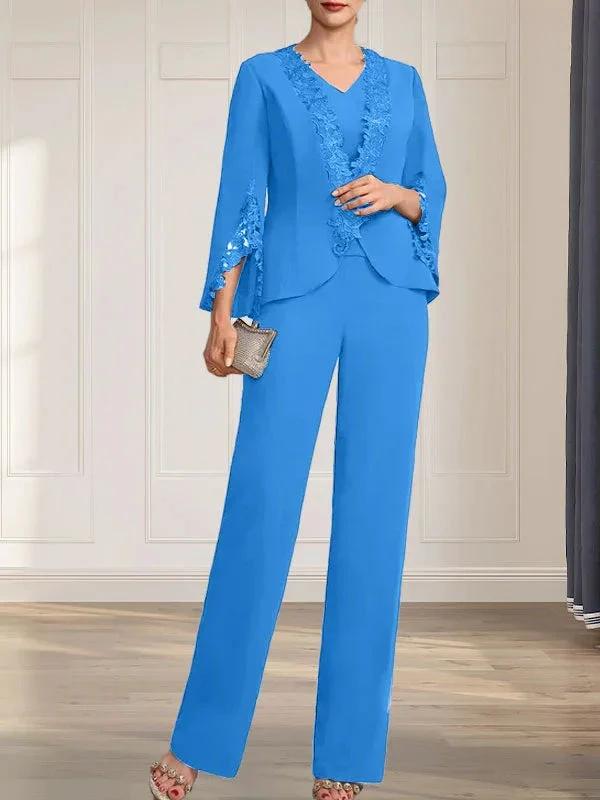 Separates Jumpsuit/Pantsuit V-Neck Floor-Length Chiffon Mother of the Bride Dress by Dreamylily