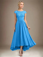 A-line Scoop Illusion Asymmetrical Lace Chiffon Mother of the Bride Dress With Pleated by Dreamylily