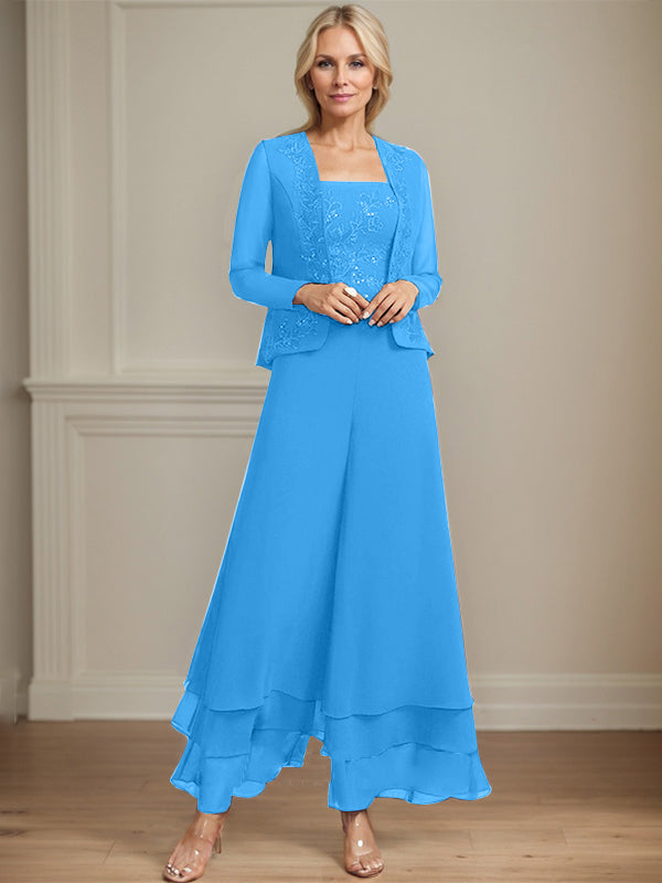 Separates Jumpsuit/Pantsuit Square Ankle-Length Lace Chiffon Mother of the Bride Dress With Sequins
