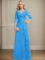 A-line Collared V-Neck Floor-Length Lace Chiffon Mother of the Bride Dress With Sequins Cascading Ruffles by Dreamylily