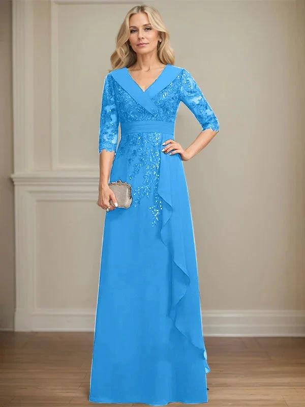 A-line Collared V-Neck Floor-Length Lace Chiffon Mother of the Bride Dress With Sequins Cascading Ruffles by Dreamylily