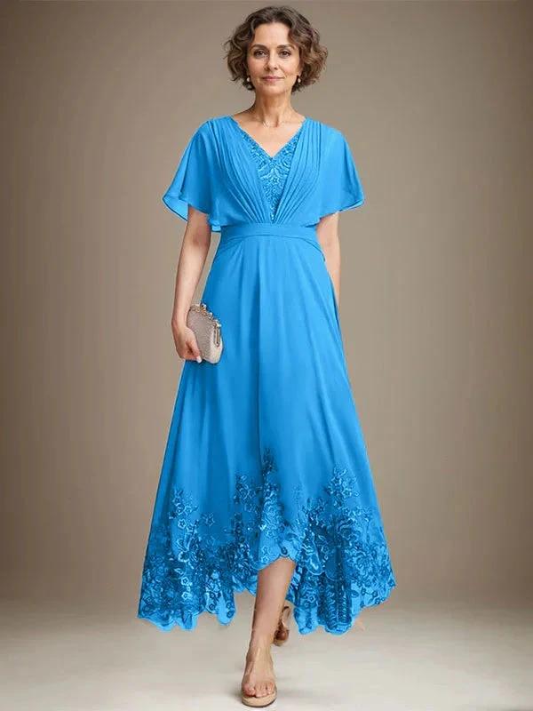 A-line V-Neck Asymmetrical Lace Chiffon Mother of the Bride Dress With Pleated by Dreamylily