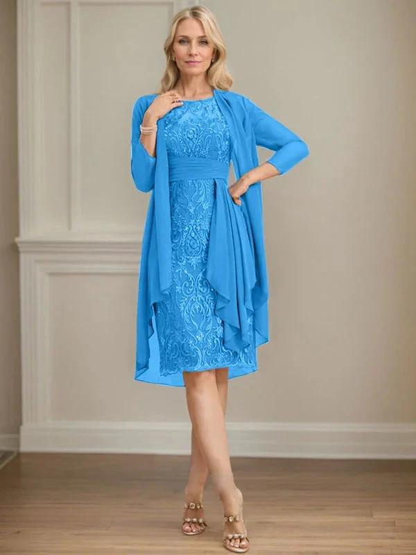 Sheath/Column Scoop Illusion Knee-Length Lace Chiffon Mother of the Bride Dress With Cascading Ruffles Sequins by Dreamylily