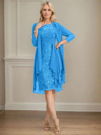 Sheath/Column Scoop Illusion Knee-Length Lace Chiffon Mother of the Bride Dress With Cascading Ruffles Sequins by Dreamylily