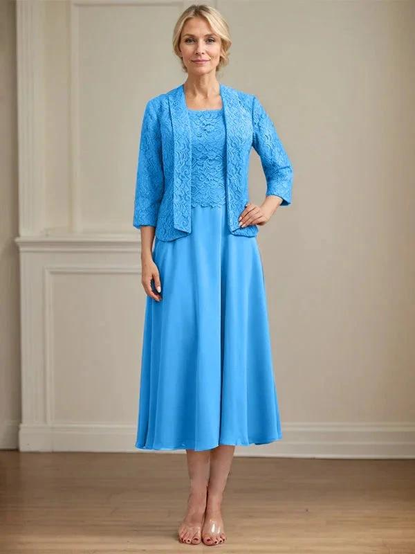 A-line Scoop Tea-Length Lace Chiffon Mother of the Bride Dress by Dreamylily