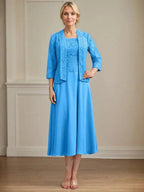 A-line Scoop Tea-Length Lace Chiffon Mother of the Bride Dress by Dreamylily