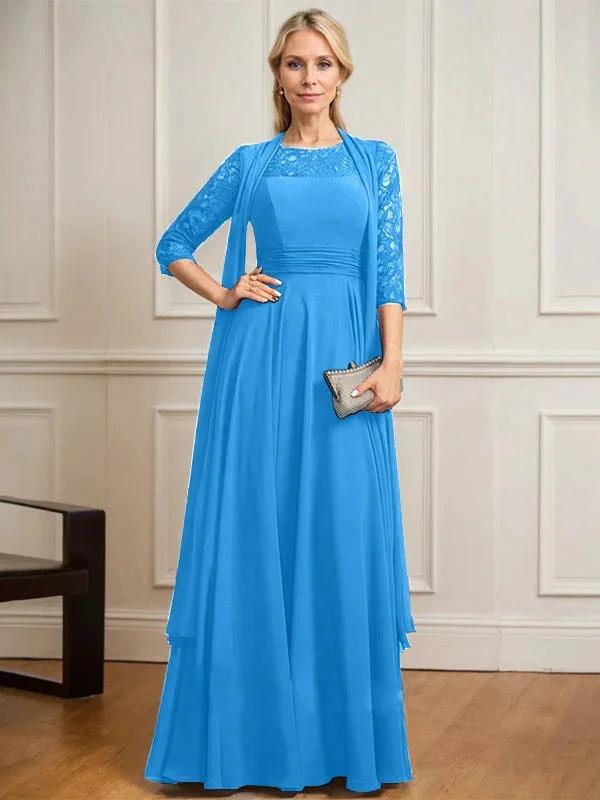 A-line Scoop Illusion Floor-Length Lace Chiffon Mother of the Bride Dress With Pleated by Dreamylily