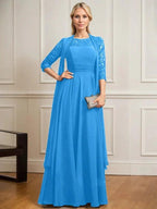 A-line Scoop Illusion Floor-Length Lace Chiffon Mother of the Bride Dress With Pleated by Dreamylily