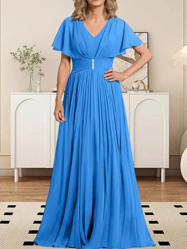 A-line V-Neck Floor-Length Chiffon Mother of the Bride Dress With Crystal Brooch Pleated by Dreamylily