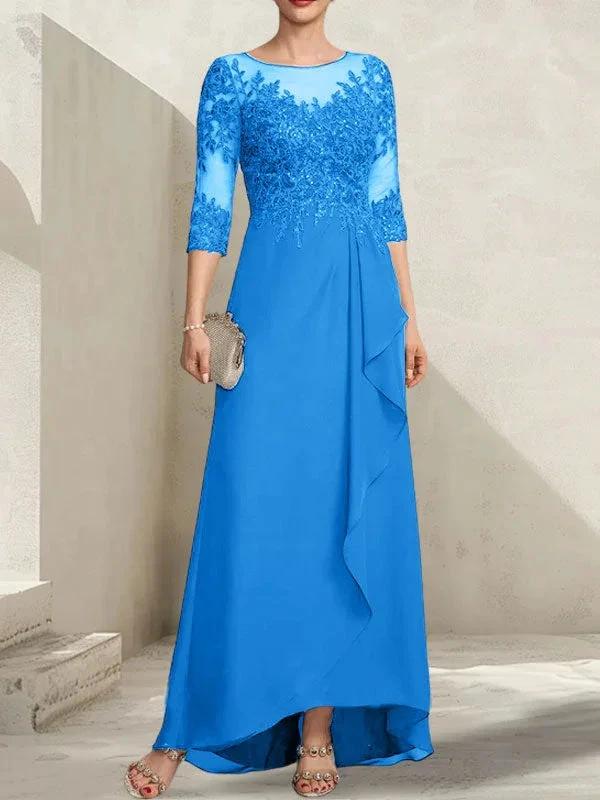 A-line Scoop Illusion Asymmetrical Lace Chiffon Mother of the Bride Dress With Sequins Cascading Ruffles by Dreamylily