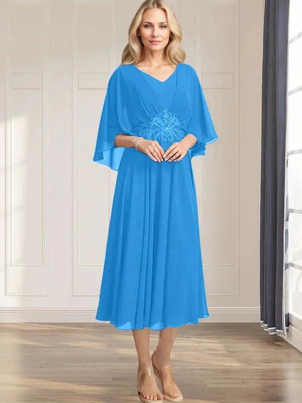A-line V-Neck Tea-Length Chiffon Mother of the Bride Dress With Pleated Sequins Appliques Lace Beadind by Dreamylily