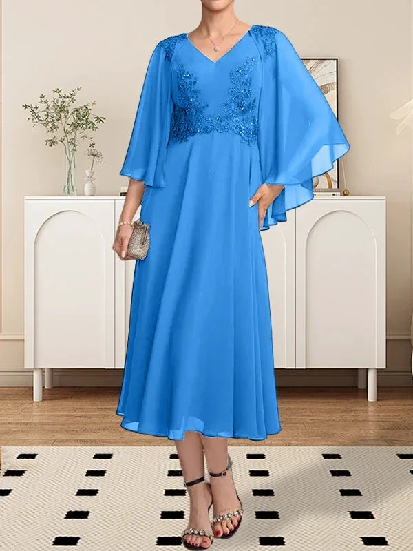 A-line V-Neck Tea-Length Chiffon Lace Mother of the Bride Dress With Beading Sequins by Dreamylily