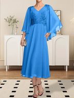 A-line V-Neck Tea-Length Chiffon Lace Mother of the Bride Dress With Beading Sequins by Dreamylily