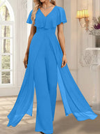 Jumpsuit/Pantsuit V-Neck Floor-Length Chiffon Evening Dress
