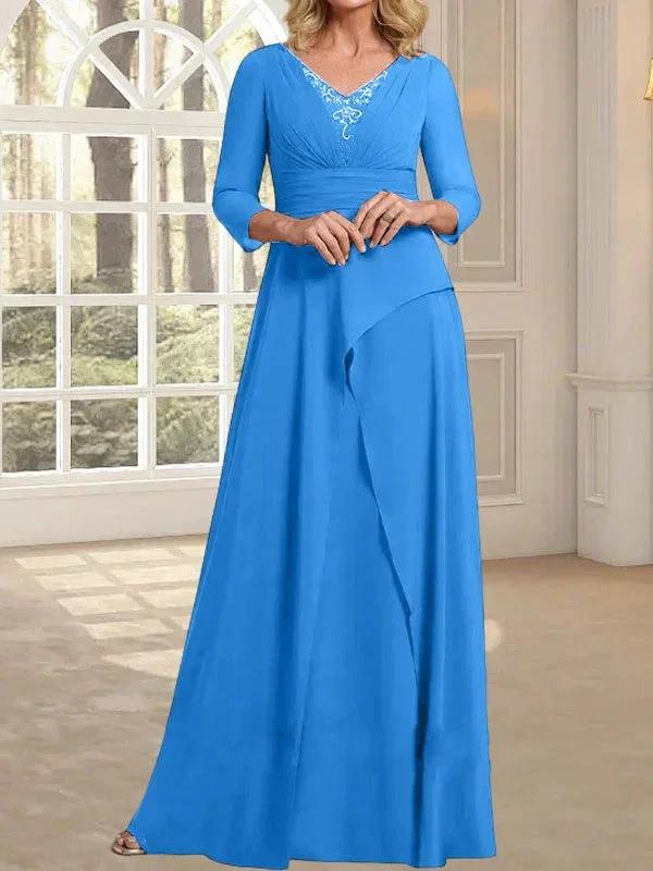 A-line V-Neck Floor-Length Chiffon Mother of the Bride Dress With Pleated Beading by Dreamylily
