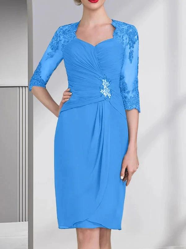 Sheath/Column Sweetheart Knee-Length Chiffon Mother of the Bride Dress With Beading Appliques Lace Sequins Pleated by Dreamylily