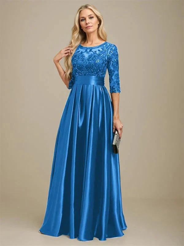 A-line Scoop Illusion Floor-Length Stretch Satin Lace Mother of the Bride Dress With Bow Sequins by Dreamylily