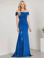 A-Line Off the Shoulder Floor-Length Mother of the Bride Dress Applique Beadings Mermaid Dress With High Split by Dreamylily