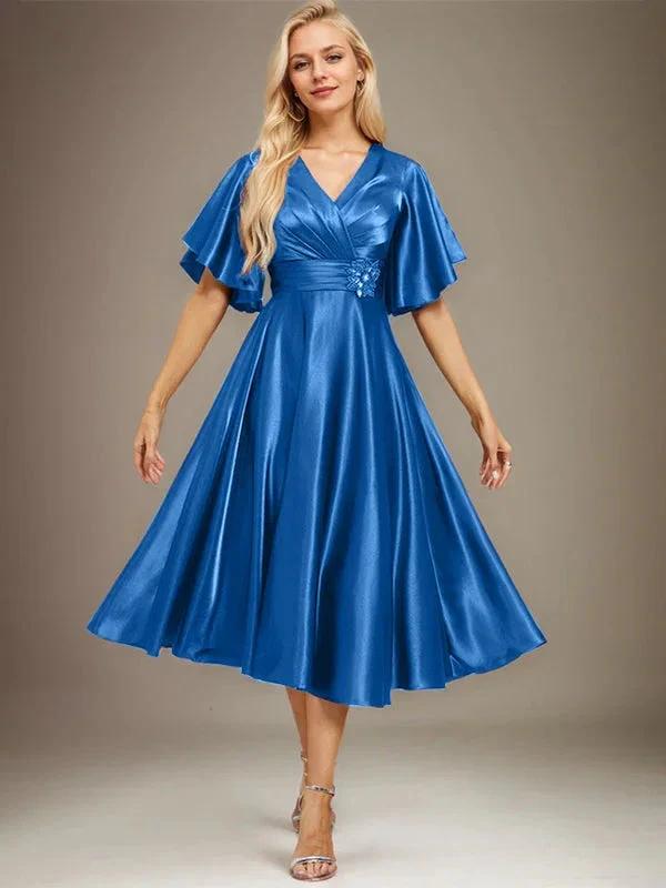 A-line V-Neck Tea-Length Stretch Satin Mother of the Bride Dress With Beading Pleated by Dreamylily
