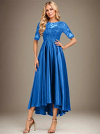 A-line Scoop Illusion Asymmetrical Stretch Satin Lace Mother of the Bride Dress With Sequins by Dreamylily