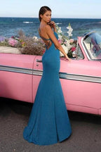 Blue High Split Column One Shoulder Prom Dress with Ruffles by misshow.com