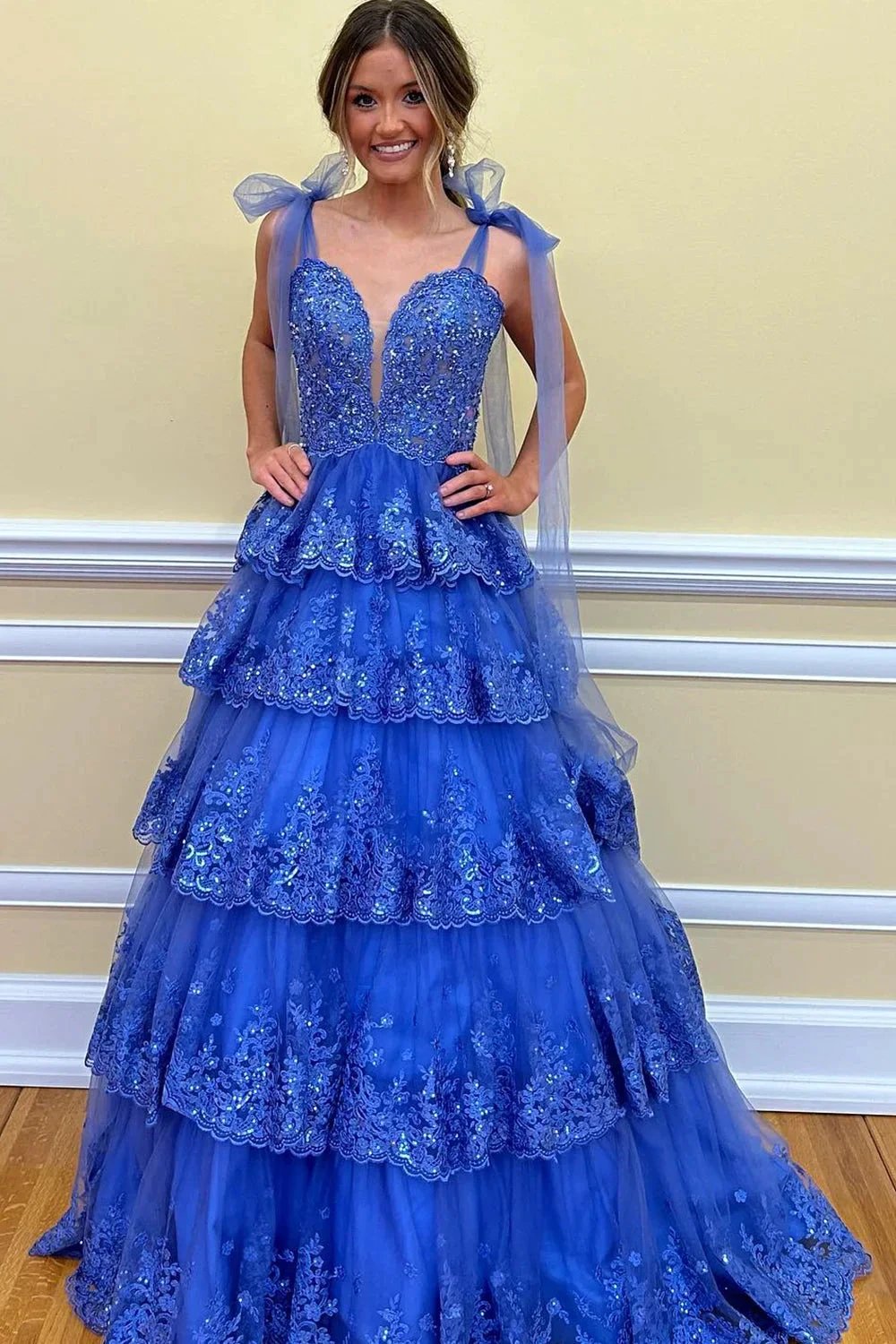 Thelma | Light Blue Tulle Appliques Tying Strap Ruffle Tiered Long Prom Dress by KissProm
